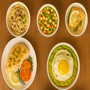 Flavor-packed meal plan featuring a top-down view of ten vibrant global dishes arranged in small bowls on a wooden table.