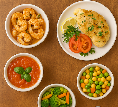 Flavor-packed meal plan showing five vibrant dishes including garlic butter shrimp, lemon herb chicken, and colorful vegetable bowls on a wooden background.