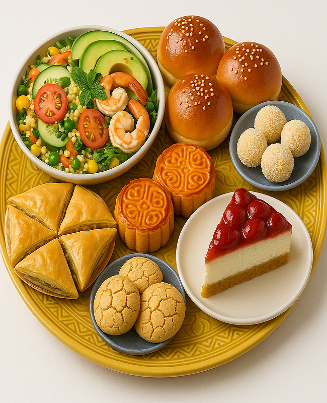 Diverse international sweets and salad on a yellow Moroccan-patterned plate.