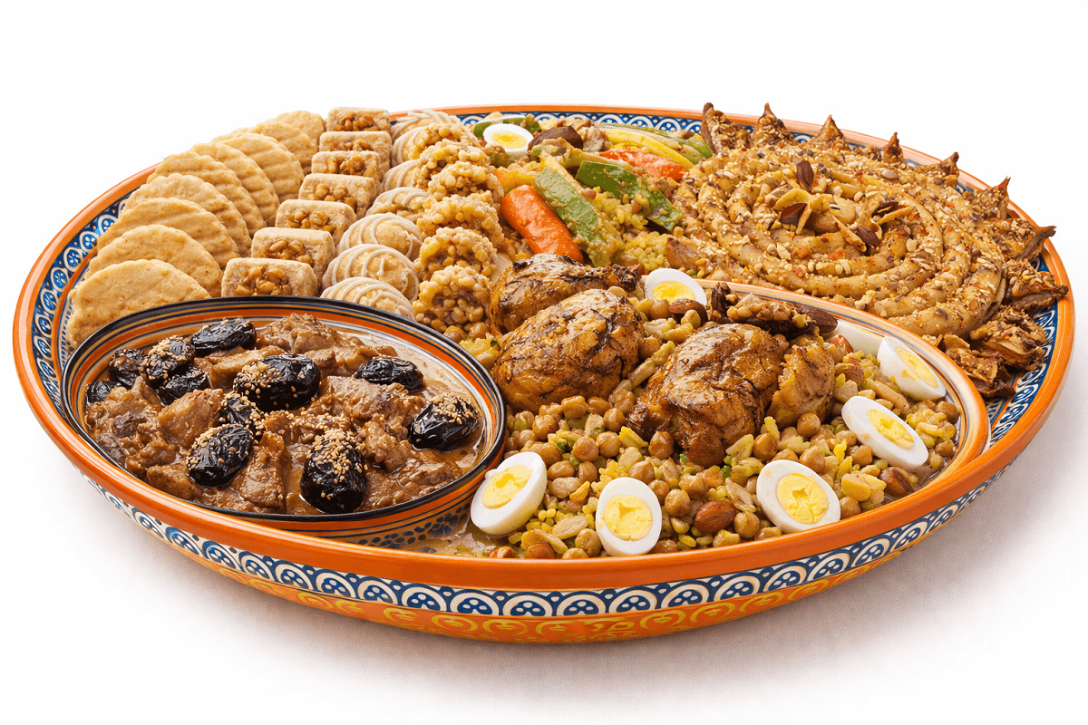 heritage-rich eastern meals served on an orange and blue decorated plate with traditional Moroccan dishes
