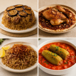 Heritage-rich eastern meals arranged in a four-dish collage showcasing traditional Middle Eastern recipes including Maqluba, Musakhan, Mujaddara, and Kousa Mahshi.