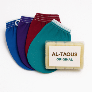 deep skin exfoliation bath tools Moroccan hammam care set with AL-TAOUS Original soap and kessa exfoliating gloves