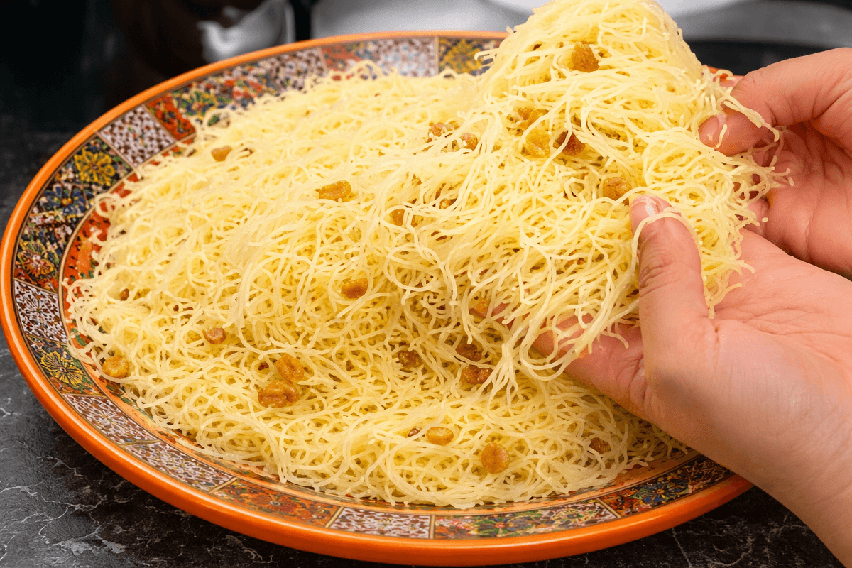 Traditional Moroccan cookies recipe featuring Moroccan seffa vermicelli with raisins served on a decorated orange plate