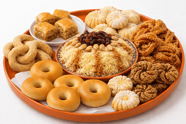 Traditional Moroccan cookies recipe displayed on an orange platter with assorted homemade sweets and pastries