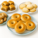 A traditional Moroccan cookies recipe featuring assorted sweets including baklava maamoul sugar cookies and soft ring bread on blue plate