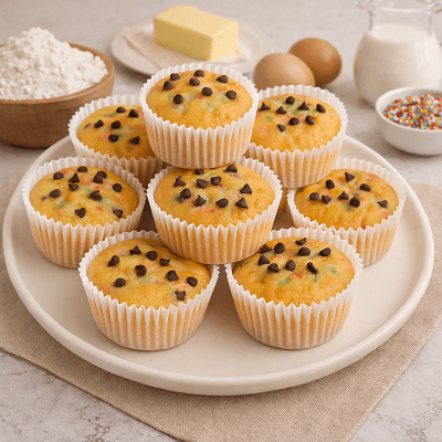 Homemade vanilla cupcakes with chocolate chips and baking ingredients in background