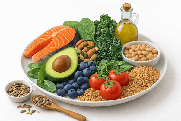 Heart disease prevention food guide displayed on a plate with salmon, avocado, greens, beans, grains, and olive oil