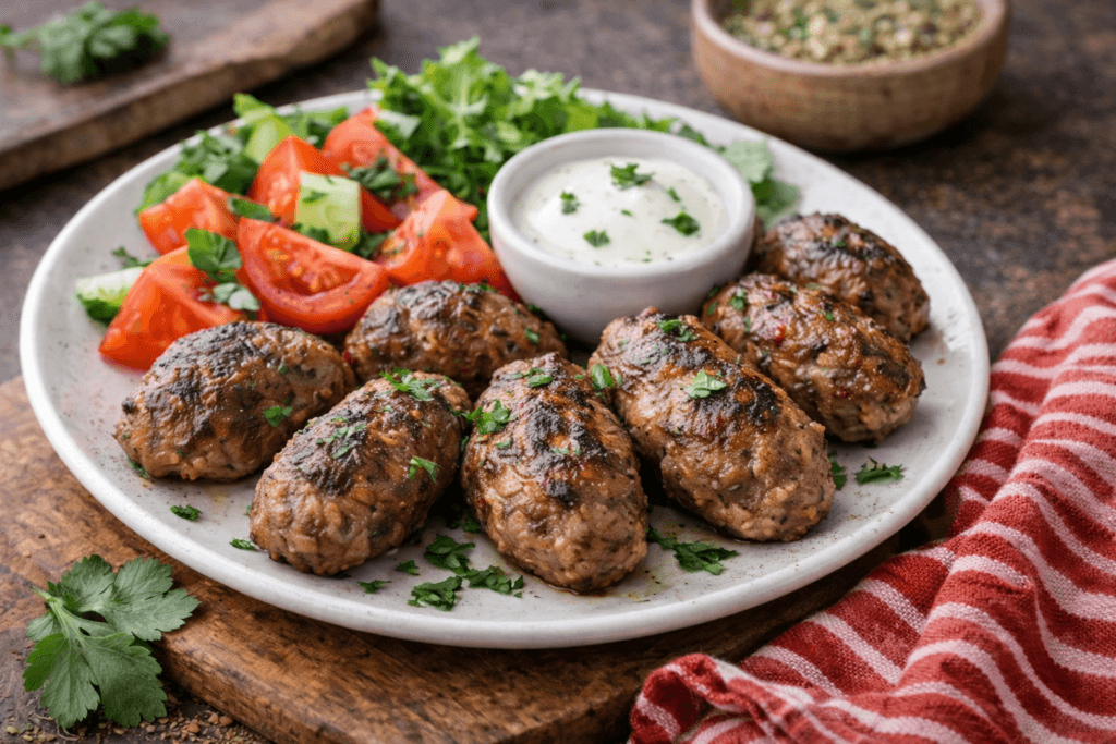 Moroccan baked kefta meatballs served with yogurt dip