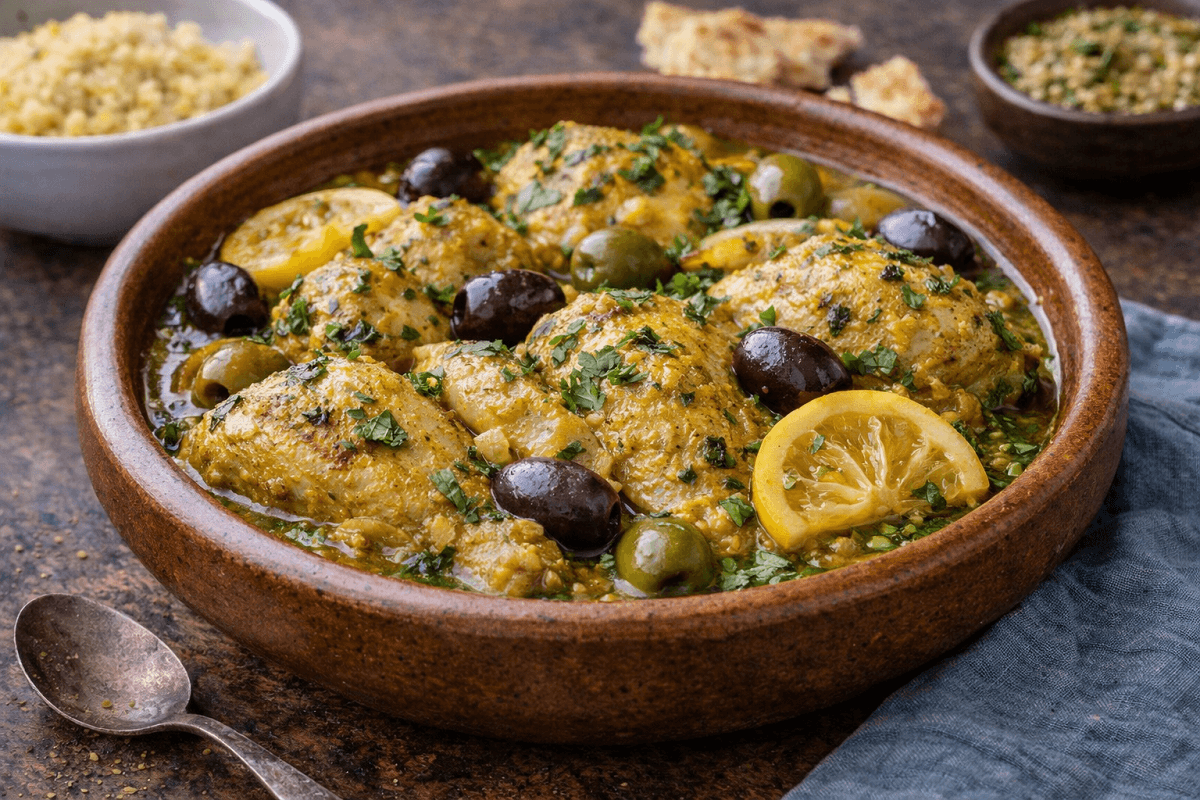 Moroccan chicken tagine cooked with olives and preserved lemon