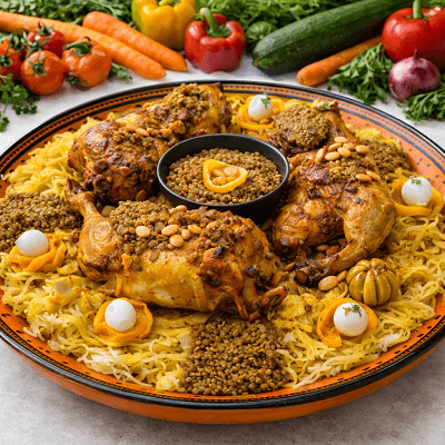 Traditional Moroccan Rfissa with chicken, lentils and msemen served on large platter
