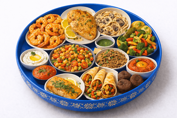 A decorative blue bowl filled with a flavor-packed meal plan including shrimp, grilled chicken, pasta, vegetables, wraps, and healthy sides