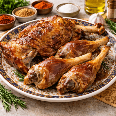 Moroccan mechoui roasted lamb served on traditional Moroccan plate with spices