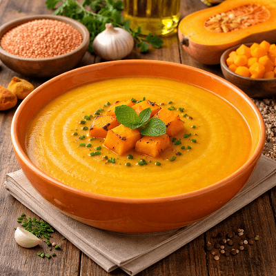 Moroccan lentil soup served in orange bowl with fresh herbs and spices