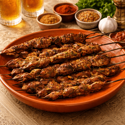 Moroccan grilled meat brochettes served on traditional clay plate with spices