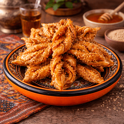 Moroccan chebakia honey sesame pastries on decorative orange and black plate