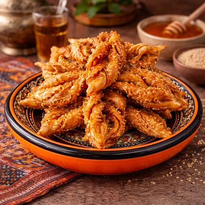 Moroccan chebakia honey sesame pastries on decorative orange and black plate