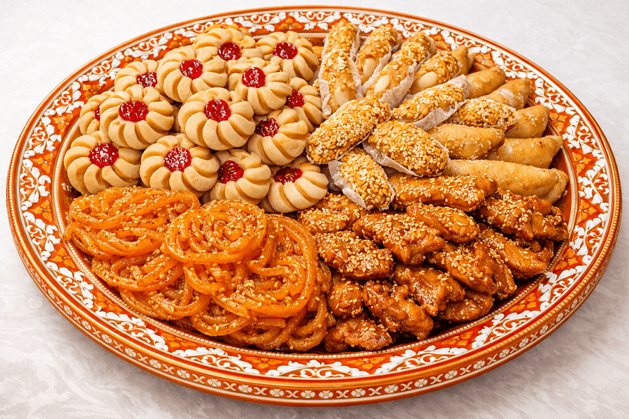 Moroccan traditional assorted sweets served on decorative orange plate