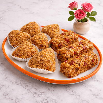 Homemade nut sweets and oat bars served on orange and white plate on marble background