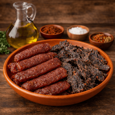 Moroccan guedid dried meat served with olive oil on a traditional clay plate
