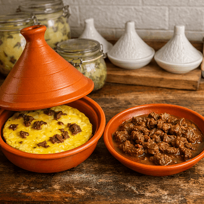 Moroccan Khlii traditional preserved meat served with eggs in clay tagine