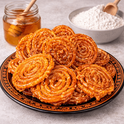Moroccan zalabiya sweets served on orange and black decorative plate with baking ingredients in background
