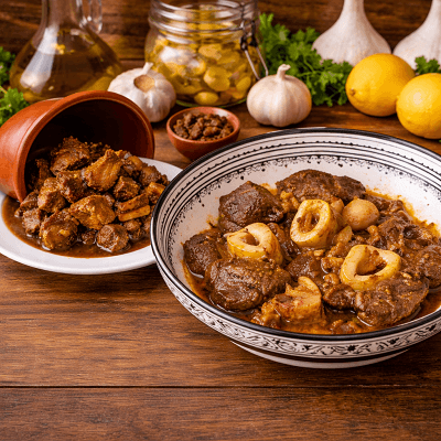 Traditional Moroccan Tangia Marrakchia slow cooked meat with preserved lemon and spices