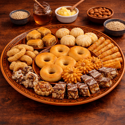 Large assortment of traditional Moroccan pastries and sweets on wooden background with natural ingredients
