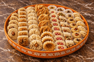 Assorted traditional Moroccan cookies and pastries served on decorative orange tray