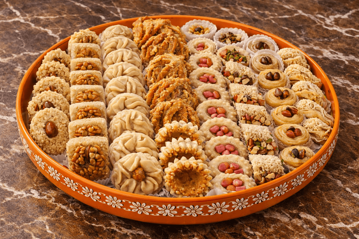 Assorted traditional Moroccan cookies and pastries served on decorative orange tray