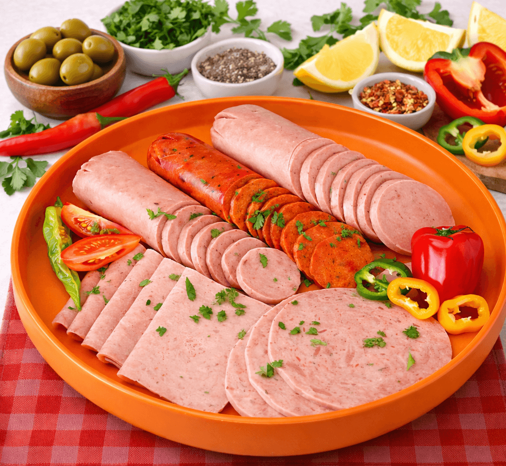 Assorted sliced deli meats served on an orange plate with fresh herbs and vegetables