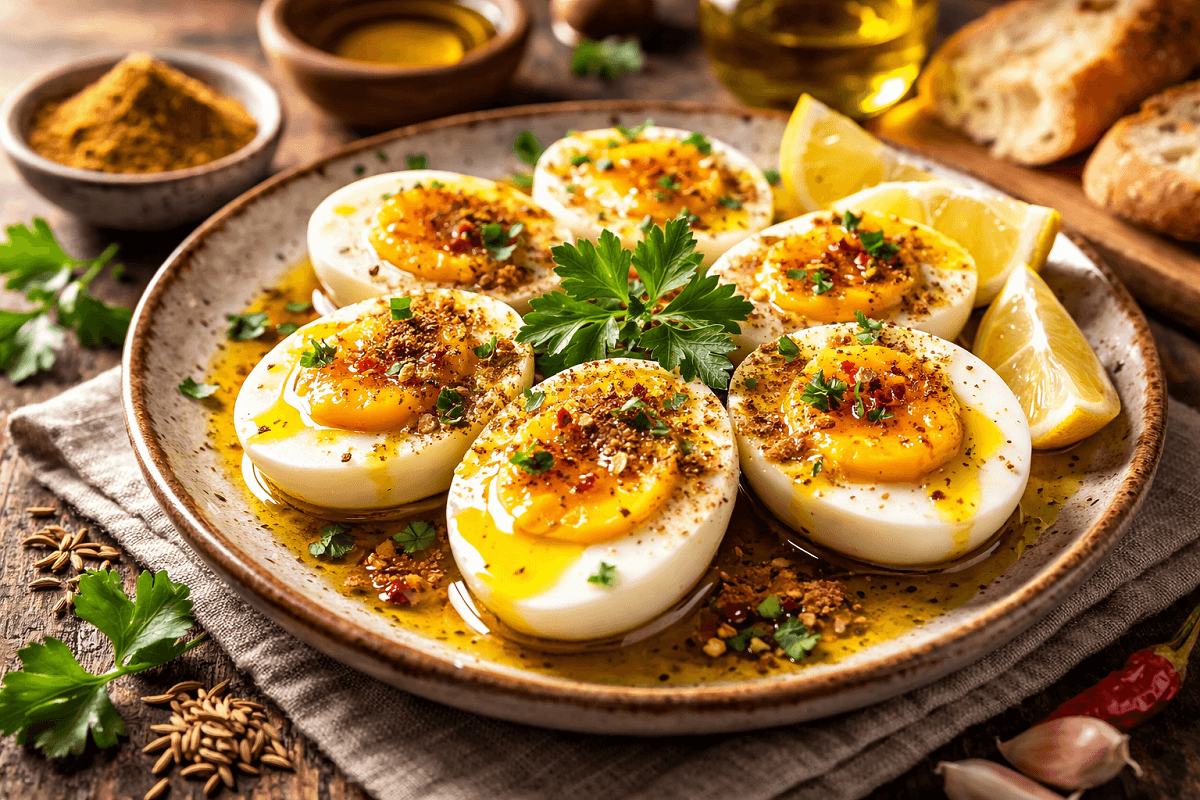 North African Healthy Dishes for Everyday Eating 11 Boiled eggs with cumin and olive oil served on a rustic plate with fresh herbs and lemon slices