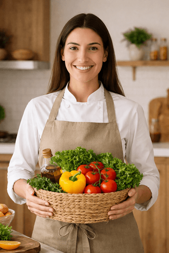 Smiling female chef holding a basket of fresh vegetables and olive oil in a modern kitchen