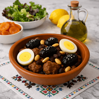 Moroccan meat with dried fruits, prunes, almonds and eggs served in a traditional clay dish
