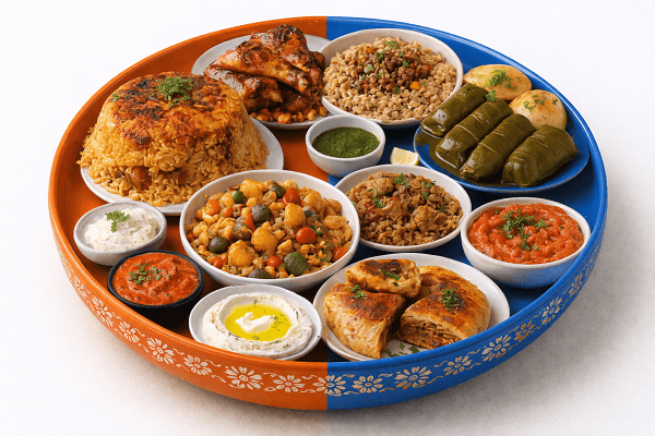 A decorative orange and blue bowl filled with heritage-rich eastern meals including rice, grilled chicken, stuffed grape leaves, couscous, and dips