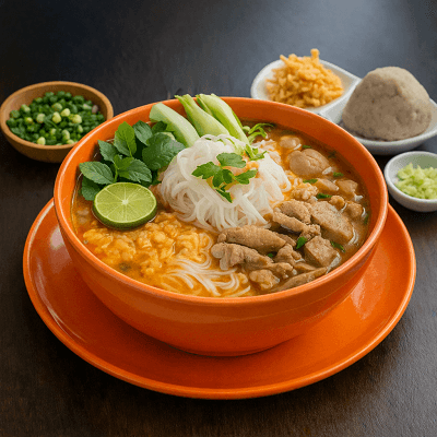 Noodle soup served in orange bowl with fresh herbs and vegetables