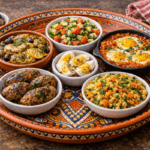 Small bowls of North African dishes served inside a large decorated orange platter including chicken tagine, shakshouka, kefta, couscous salad and boiled eggs
