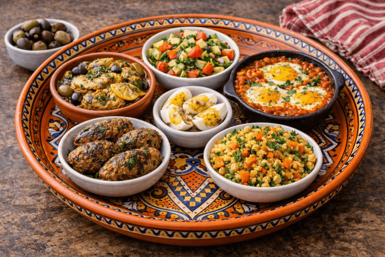 Small bowls of North African dishes served inside a large decorated orange platter including chicken tagine, shakshouka, kefta, couscous salad and boiled eggs