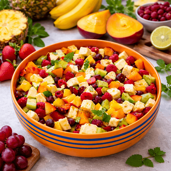 Fresh colorful fruit salad bowl with natural ingredients and berries