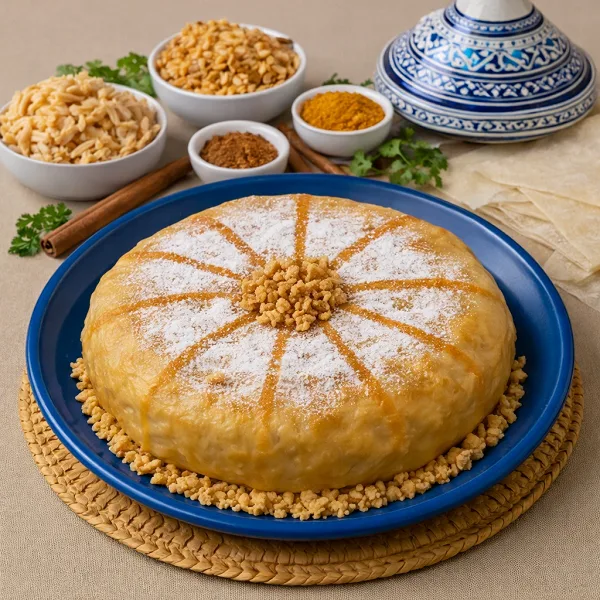 Traditional Moroccan chicken pastilla with almonds and powdered sugar