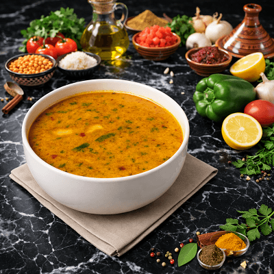 Traditional Moroccan Harira soup with chickpeas, tomatoes and herbs served in bowl
