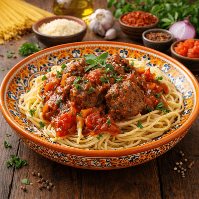 Spaghetti with meatballs in tomato sauce served on decorative plate with fresh herbs