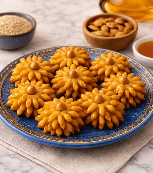 Moroccan chebakia sesame cookies arranged on traditional blue decorative plate