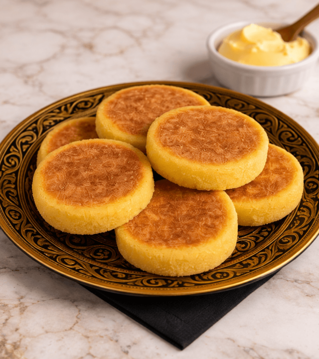 Moroccan harcha semolina cakes served with butter on decorative traditional plate